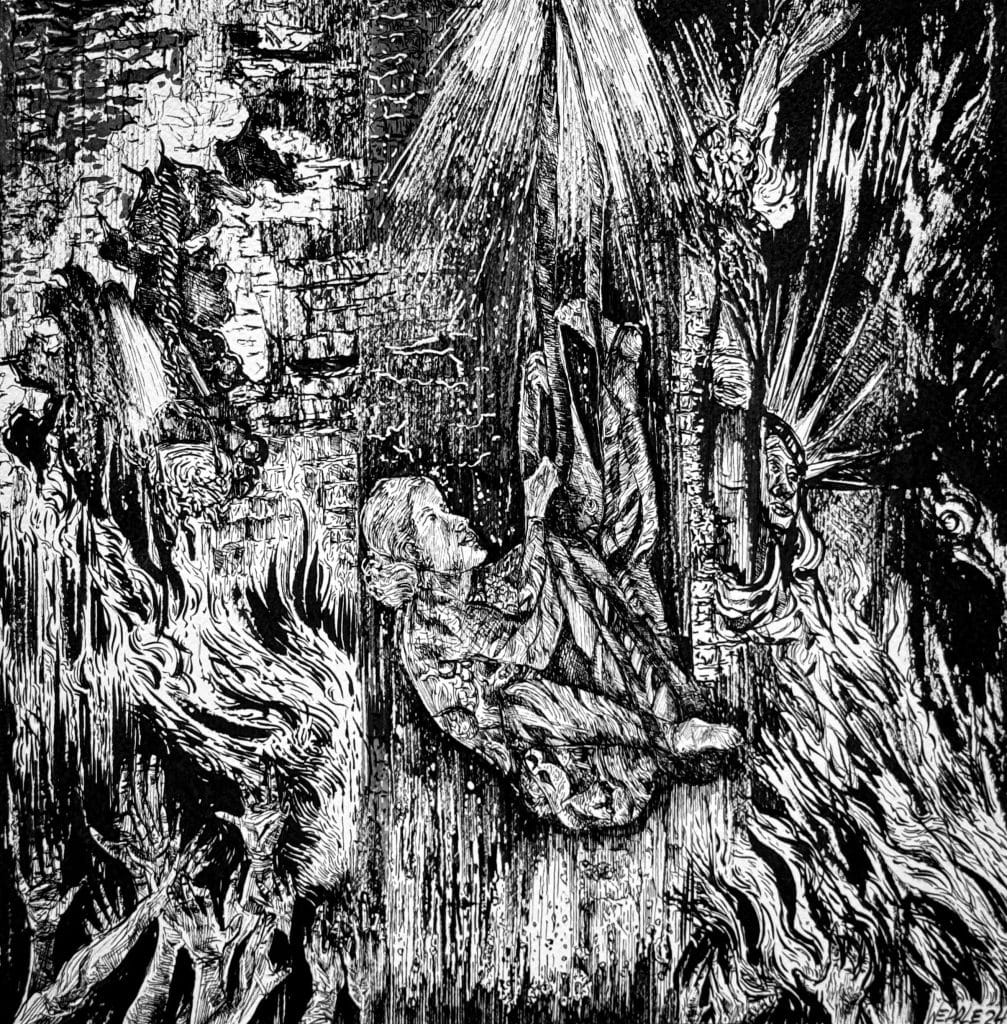 Jericó", 2024. Dibujo a pluma y tinta sobre papel de Angela Weddle. Cortesía de la artista.  